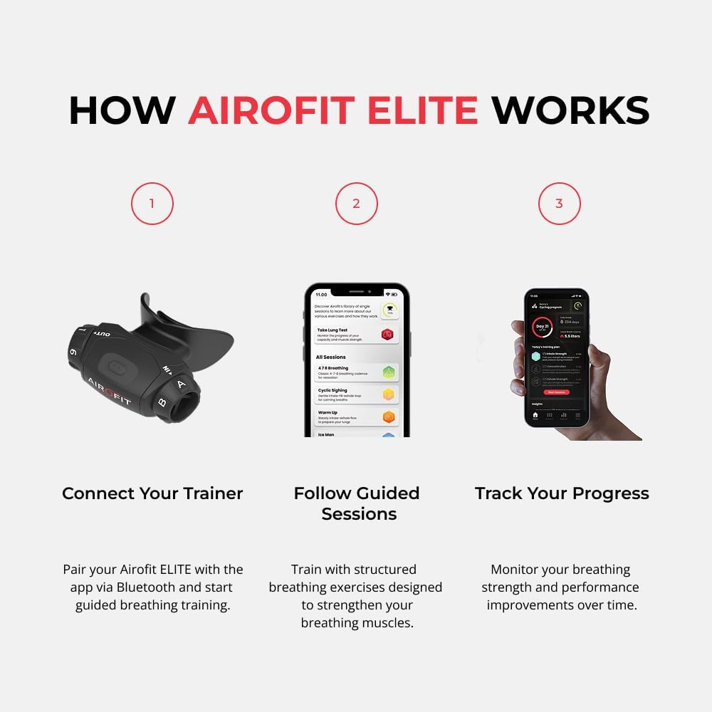 Airofit Elite Breathing Trainer for Sports, Fitness and Performance Improvement – Advanced Breathing Training with Guided Workouts, Performance Tracking and Progress Analytics for Daily Use