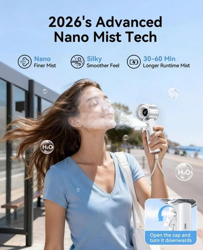 KIMMOO Portable Misting Fan, USB Rechargable Handheld Fan with Water Spray Mist, Up to 13 Hrs Cooling, 25000PRM, 100 Speeds, 50ml Water Tank, Personal Turbo Fan for Travel/Makeup/Office/Outdoor, Black