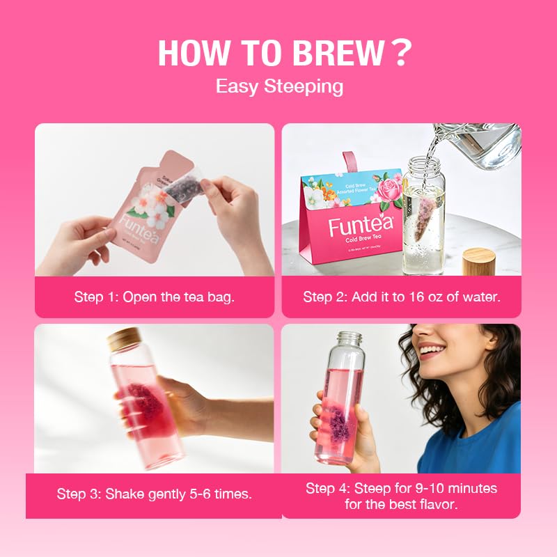 FUNTEA Cold Brew Flower Tea Sampler, Caffeine-Free Unsweetened Herbal Tea, 5 Flavors Variety Pack, Individually Wrapped Tea Bags, Refreshing Iced Tea, 10 Count (Pack of 1)