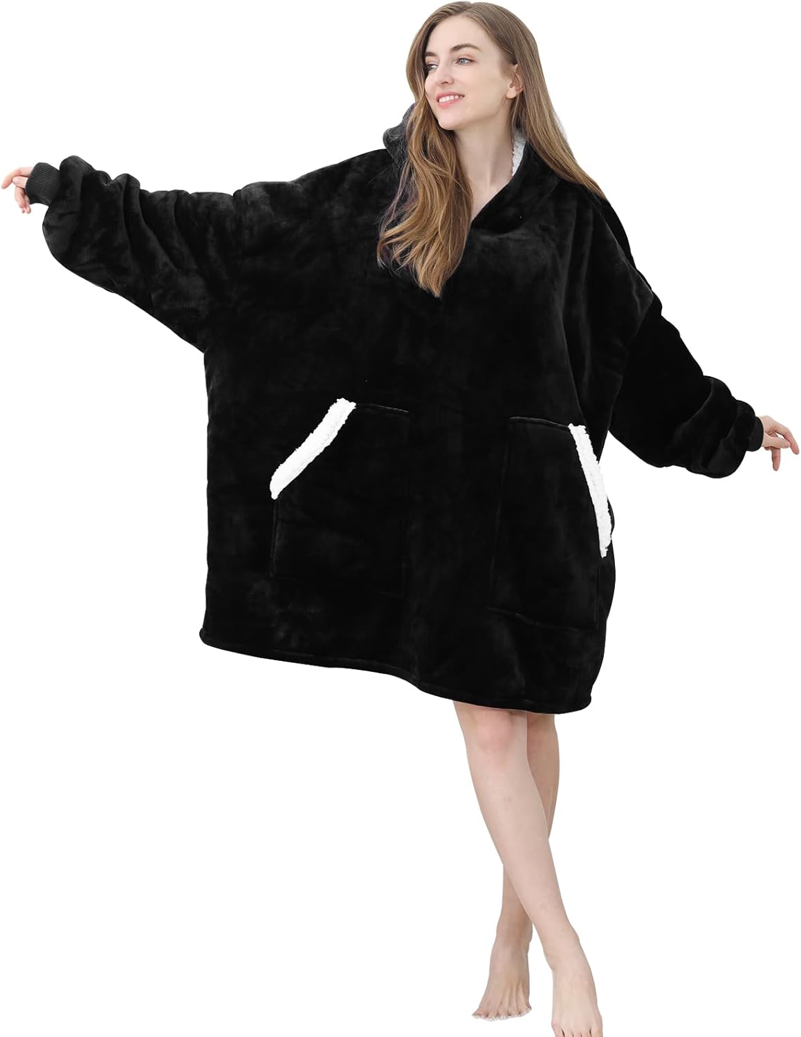 Kipswiza Wearable Blanket Hoodie Gifts for Women and Men, Oversized Cozy Warm Flannel Sherpa Hooded Blankets Sweatshirt with Giant Pockets for Adult and Teens, Dark Gray