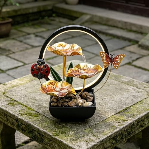 Tabletop Fountain,Indoor Water Fountain,Home Fengshui Décor Zen Relaxation Soothing Sound Machine for Office,Living Room,or Bedroom,Green Lotus,Hummingbird & Pink Flower,9.1inch