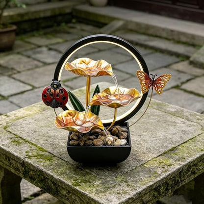 Tabletop Fountain,Indoor Water Fountain,Home Fengshui Décor Zen Relaxation Soothing Sound Machine for Office,Living Room,or Bedroom,Green Lotus,Hummingbird & Pink Flower,9.1inch