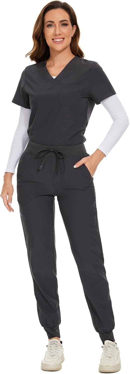 COZYFIT Scrubs for Women Set - Stretch V-Neck Scrub Top & Jogger Pant with 8 Pockets COZY SCRUBS - Colors C
