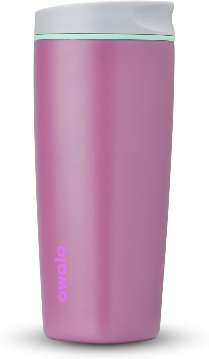 Owala SmoothSip Slider Insulated Stainless Steel Coffee Tumbler, Reusable Iced Coffee Cup, Hot Coffee Travel Mug, BPA Free 12 oz, Pink (Pucker Up)