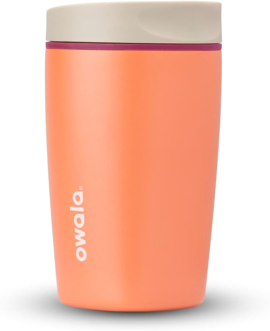Owala SmoothSip Slider Insulated Stainless Steel Coffee Tumbler, Reusable Iced Coffee Cup, Hot Coffee Travel Mug, BPA Free 12 oz, Pink (Pucker Up)
