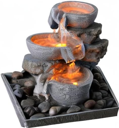 Haobos Decorative Indoor Fountain 3-Bowl Rockery Soothing Sound Tabletop Fountains Home/Office Decor with Led Light/Some Cobblestones(1556A)