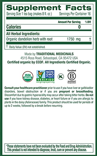 Traditional Medicinals Organic Dandelion Leaf & Root Herbal Tea, Supports Kidney Function & Healthy Digestion, (Pack of 3) - 48 Tea Bags Total