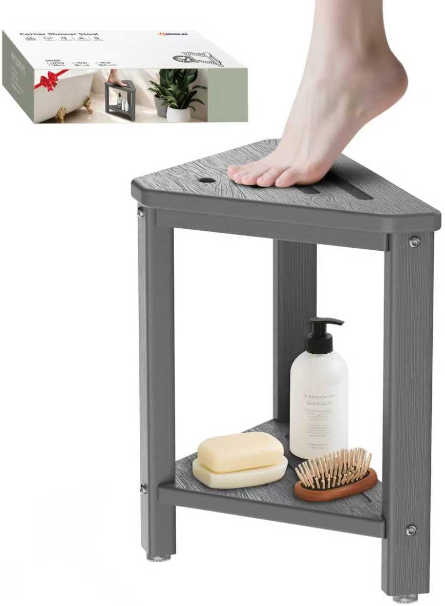 Shower Foot Rest 15in, HDPE Waterproof Shower Stool for Inside Shower, Corner Shower Stool for Shaving Legs with Storage Shelf for Small Space, Shower Step Stool, Plastic Corner Shower Bench, White