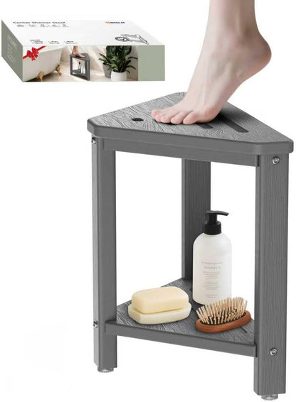 Shower Foot Rest 15in, HDPE Waterproof Shower Stool for Inside Shower, Corner Shower Stool for Shaving Legs with Storage Shelf for Small Space, Shower Step Stool, Plastic Corner Shower Bench, White