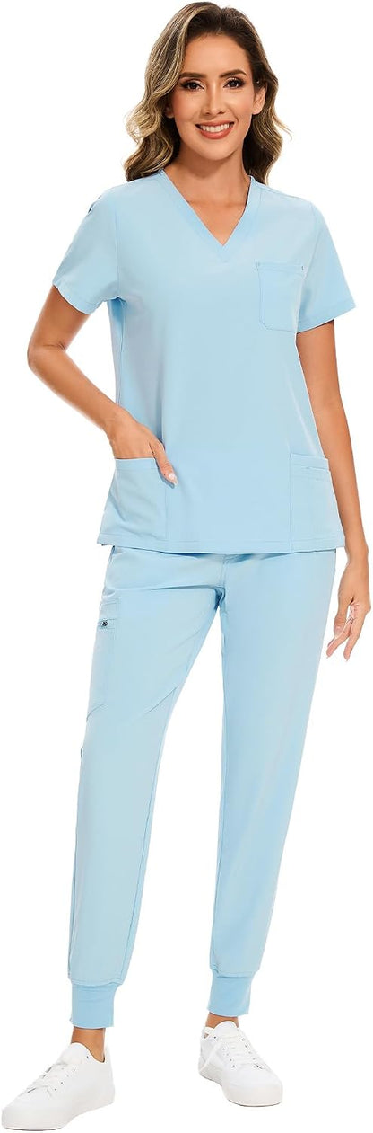 COZYFIT Scrubs for Women Set - Stretch V-Neck Scrub Top & Jogger Pant with 8 Pockets COZY SCRUBS - Colors E