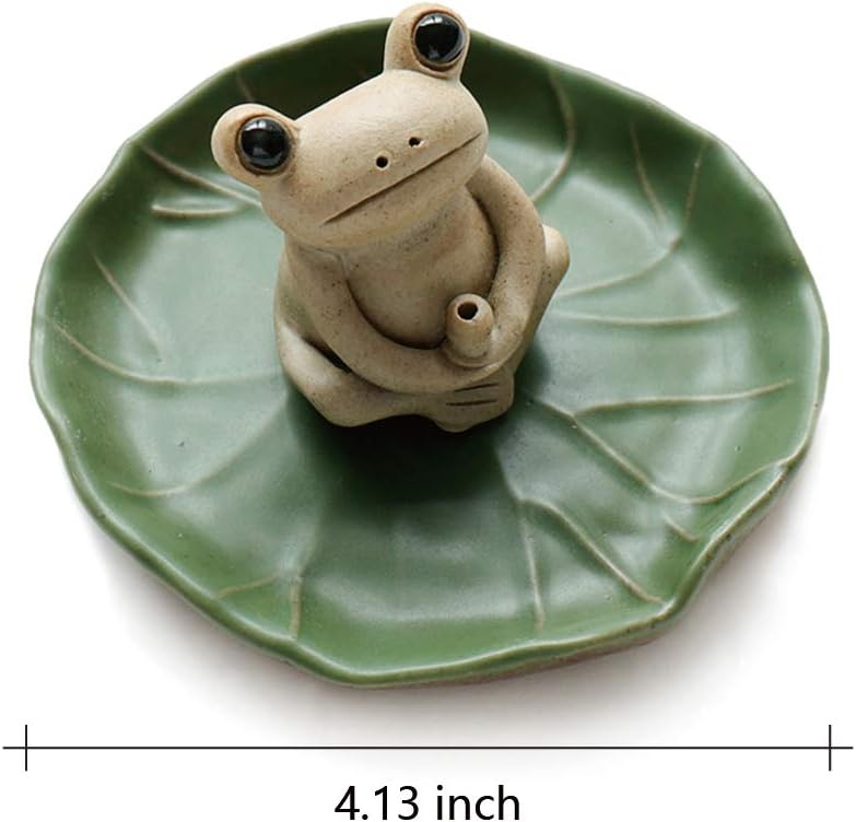 NAGU 100% Handmade Ceramic Stick Incense Burner Holder,Small Frog Incense,Lotus Leaf Tray,Mini Cute Animal Statue Home Incense Burner