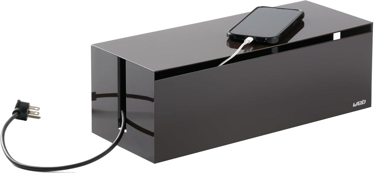 Yamazaki Home Cable Management Box – Cord Organizer Box with Lid, Minimalist Cable Storage for Office, ABS Plastic
