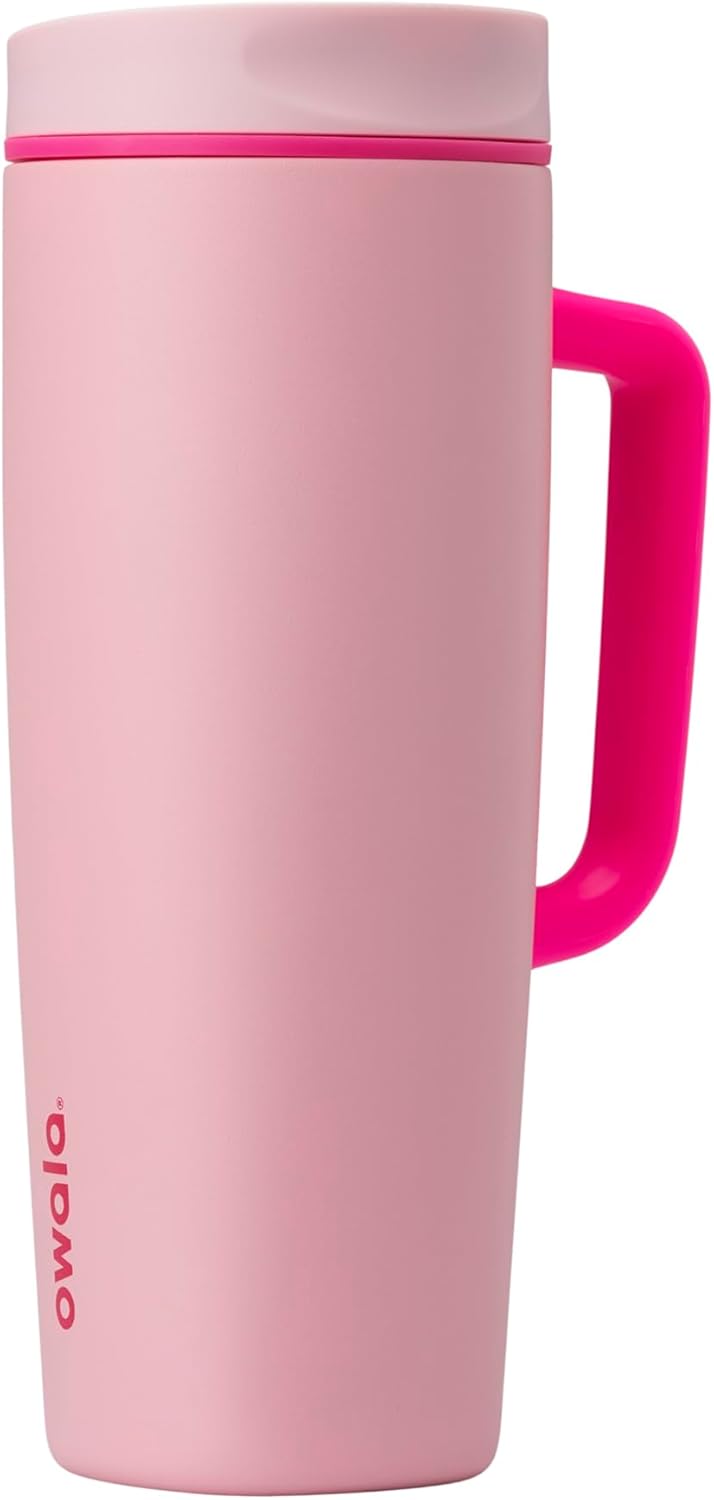 Owala SmoothSip Slider Insulated Stainless Steel Coffee Tumbler, Reusable Iced Coffee Cup, Hot Coffee Travel Mug, BPA Free 12 oz, Pink (Pucker Up)
