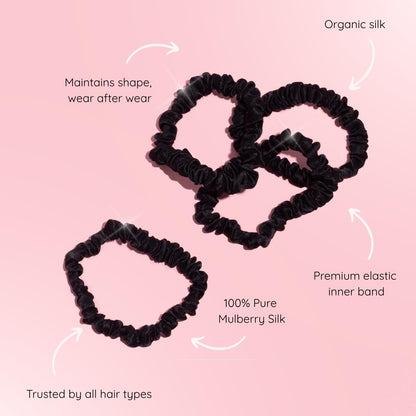 SILKIE x4 Set - Forget Satin - 100% Pure Mulberry Silk Black Brown Skinny Scrunchies Travel Pouch Everyday Hair Ties Elastics Hair Care Ponytail Holder No Damage (Chocolate)