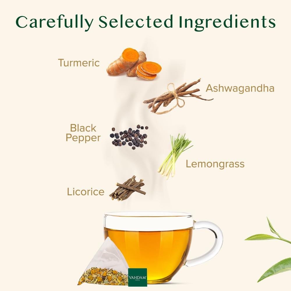 VAHDAM Organic Turmeric Ginger Herbal Tea Bags (100 Pyramid Tea Bags) Caffeine Free, Non GMO | 100% Pure Herbal Blend - Savory & Spicy, Plant-Based Teabags | Resealable Ziplock Pouch