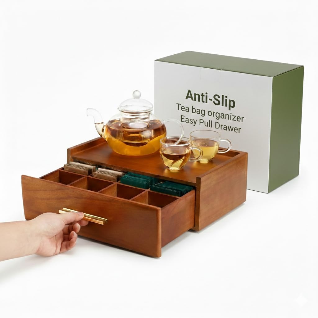 Tea Bag Organizer for Counter – Easy Pull Drawer, Anti-Slip Pads, Wooden Tea Organizer, Teabag Holder, 8 Compartments Drawer Storage, Flat Top Tea Station, Tea Box for Standard & Premium Bags