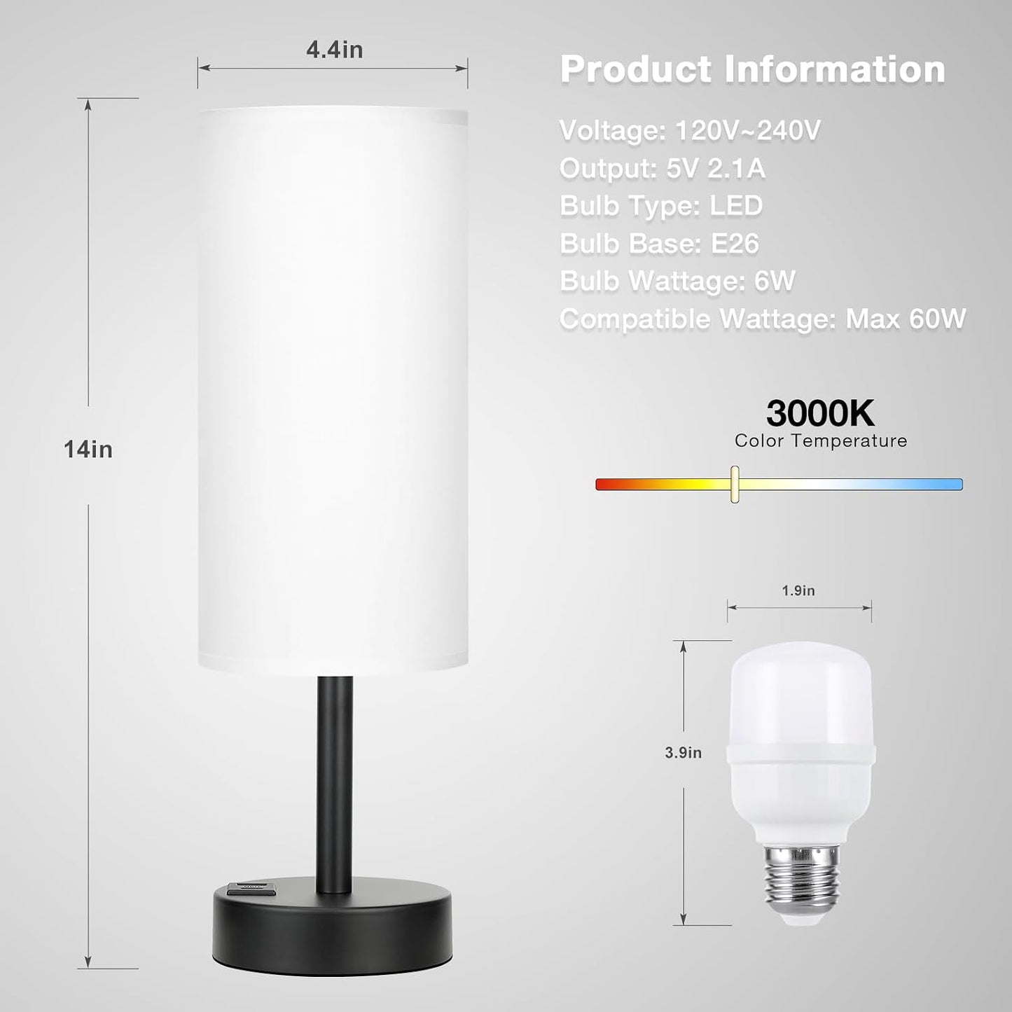 Dicoool Touch Table Lamp for Bedroom, 3 Way Dimmable Bedside Lamp with USB C & A Charging Ports - Small Desk Lamp for Dorm Room, College, Kids, Office, Living Room, White