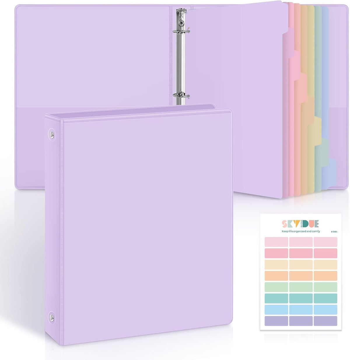 SKYDUE 1 Inch 3 Ring Binder with 8 Tab Dividers & 24 Labels, Pastel Binder Organizer for Letter Size Paper, Aesthetic School Binder for Notes, Documents, Office & Home Organization, Purple