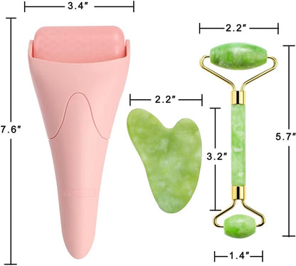 AECW 3-in-1 Natural Jade Roller and Gua Sha Set for Face and Eye Ice Roller Facial Cooling Massage Roller