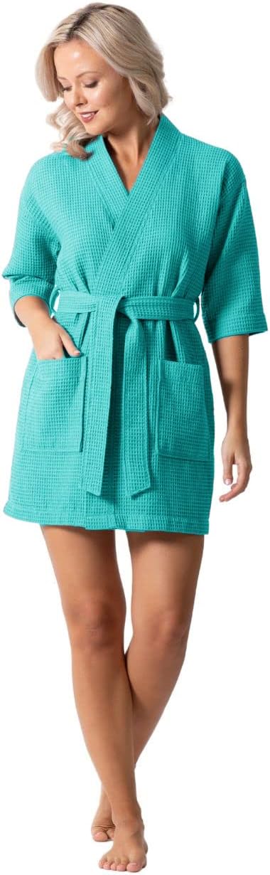 Turkish Linen Lightweight Waffle Knit Bath, Spa & Bridesmaids Kimono Short Robes for Women - Quick Dry & Soft
