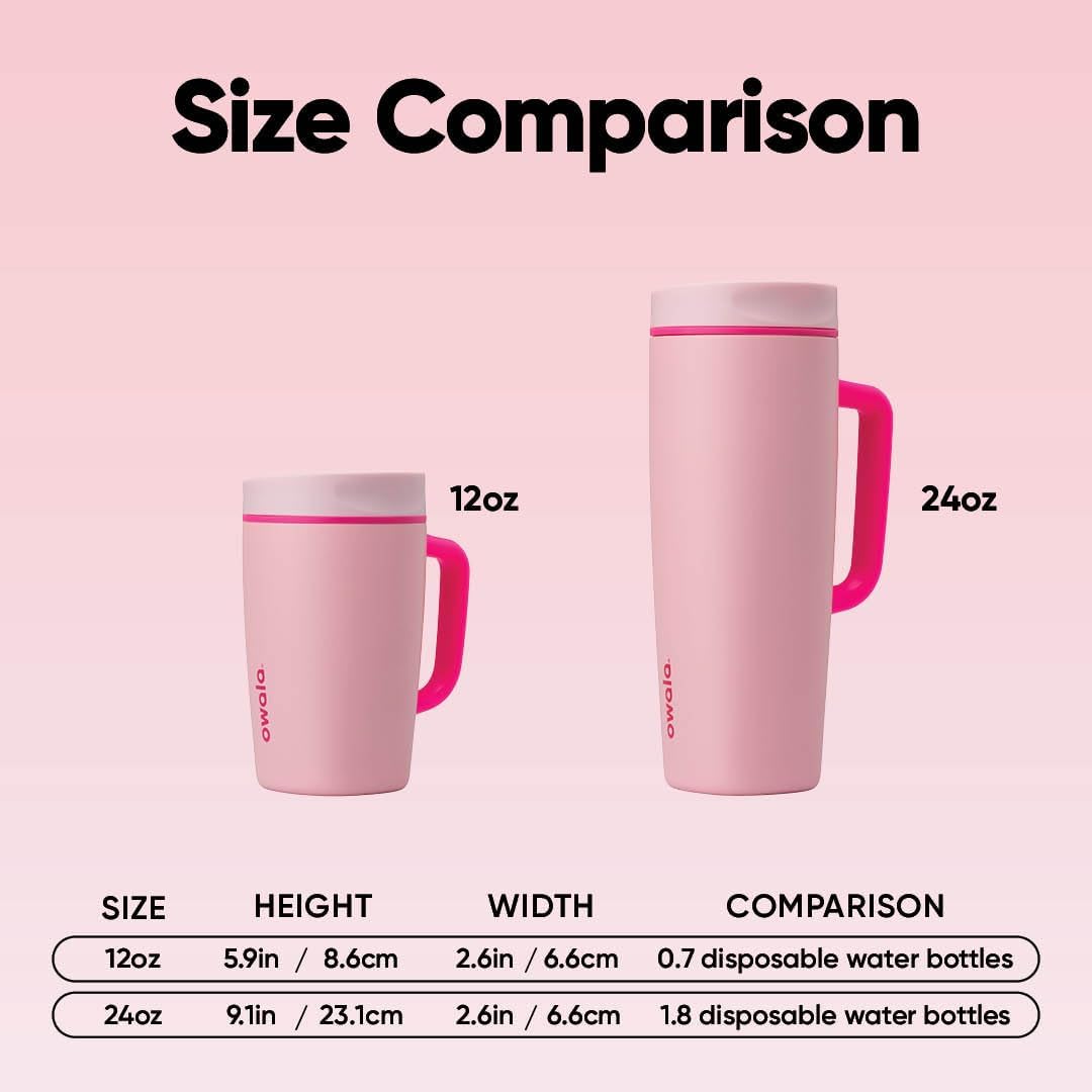 Owala SmoothSip Slider Insulated Stainless Steel Coffee Tumbler, Reusable Iced Coffee Cup, Hot Coffee Travel Mug, BPA Free 12 oz, Pink (Pucker Up)