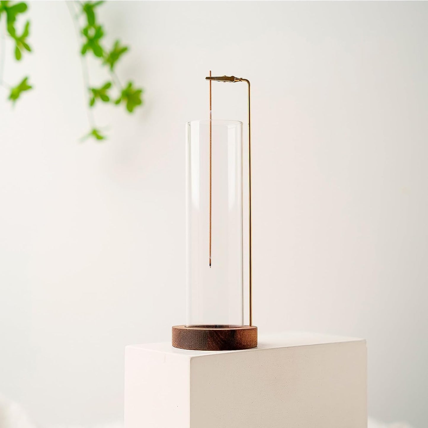 Incense Holder for Sticks, Anti-Ash Flying Incense Burner with 30 Incense Sticks, Detachable Glass Ash Catcher (Wood, Brown)