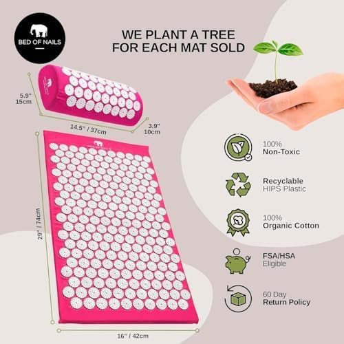 Bed of Nails Mat and Pillow Set – Original Bon Acupressure Design with 10962 Precision Nails, Mat: 28.5 x 16.5 x 1", Pillow: 14.5 x 6 x 4", Green
