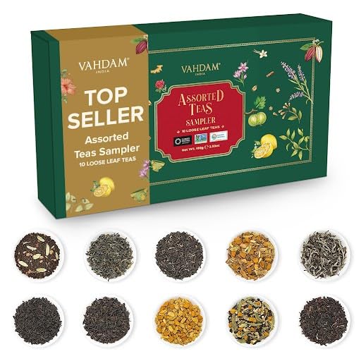 VAHDAM Top 10 Favourites Tea Sampler Set | Loose Leaf Tea (50+ Cups) | Tea Variety Pack with Green, Herbal, Black & Chai Brew | Vacuum Sealed For Freshness | Brew Hot & Col