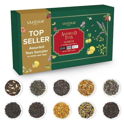 VAHDAM Top 10 Favourites Tea Sampler Set | Loose Leaf Tea (50+ Cups) | Tea Variety Pack with Green, Herbal, Black & Chai Brew | Vacuum Sealed For Freshness | Brew Hot & Col