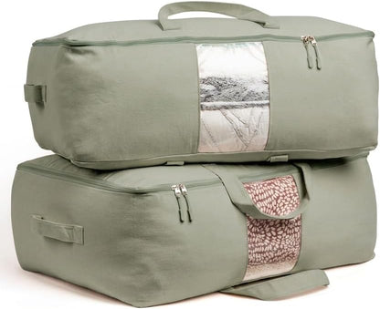 Soft Canvas Storage Bags with Zipper. Thick Breathable, 2pc King/Queen Comforter Organizer. Four Carrying Handles and Window. Large 25x19x9in Bag for Sheets Blankets Bedding Pillows, Clothes