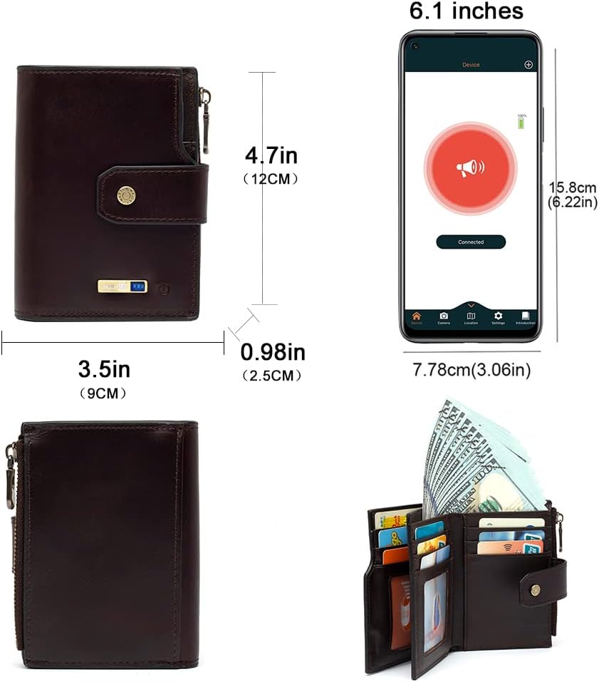 Anti-Lost Bluetooth Wallet Tracker Finder, Slim Trifold Cowhide Mens Wallet with ID Window Credit Card Holder Pocket (Coffee2-OLD)