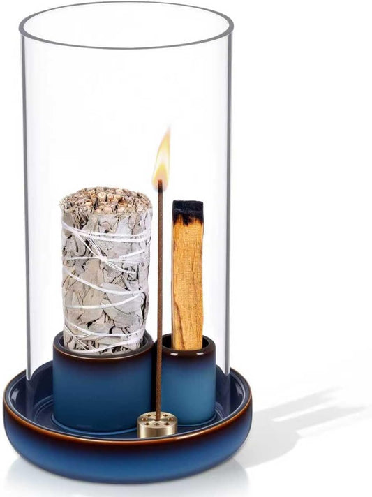 4 in 1 Incense Holder, Ceramic Base, Glass Cover Anti Ash Flying