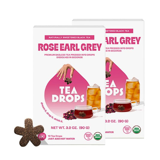 Tea Drops Rose Earl Grey Tea 2-Pack - 20 Bagless Organic Loose Leaf Tea Drops with Real Rose Petals, Microplastic-Free Caffeinated Black Tea, Iced or Hot