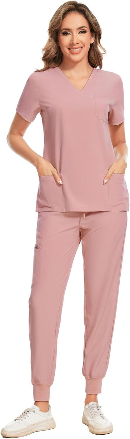 COZYFIT Scrubs for Women Set - Stretch V-Neck Scrub Top & Jogger Pant with 8 Pockets COZY SCRUBS - Colors B