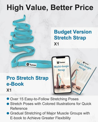 Tumaz Stretching Strap - 10 Loops & Non-Elastic Yoga Strap - Perfect Home Workout Stretch Strap for Physical Therapy, Yoga, Pilates, Flexibility
