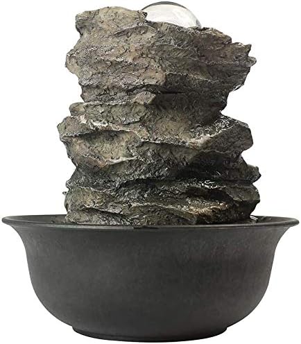 8.3” H Indoor Zen Tabletop Water Fountain, Rock Cascading Waterfall with Spinning Crystal Ball & LED Light for Home Office Decor