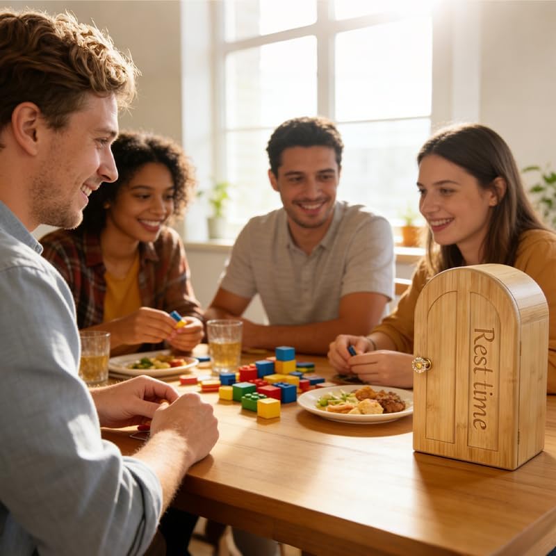 Phone Box for Family Time - Decorative Cell Phone Jail Holds Up to 6 Phones, Magnetic Closure & Charging Holes Bamboo Phone Lock Box Help Kids Adults Focus Back Mobile Phone Addiction