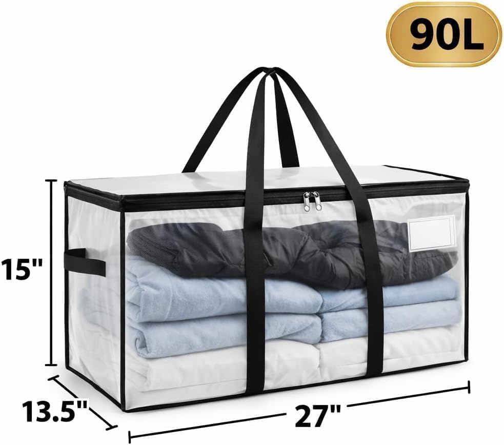 Comforter Storage Bags with Zipper and Handles (90L) - Extra Large Heavy Duty Moving Bags, Waterproof Blanket & Clothes Storage Bags, Foldable Under Bed Storage Totes for Bedding, Closet, College Dorm