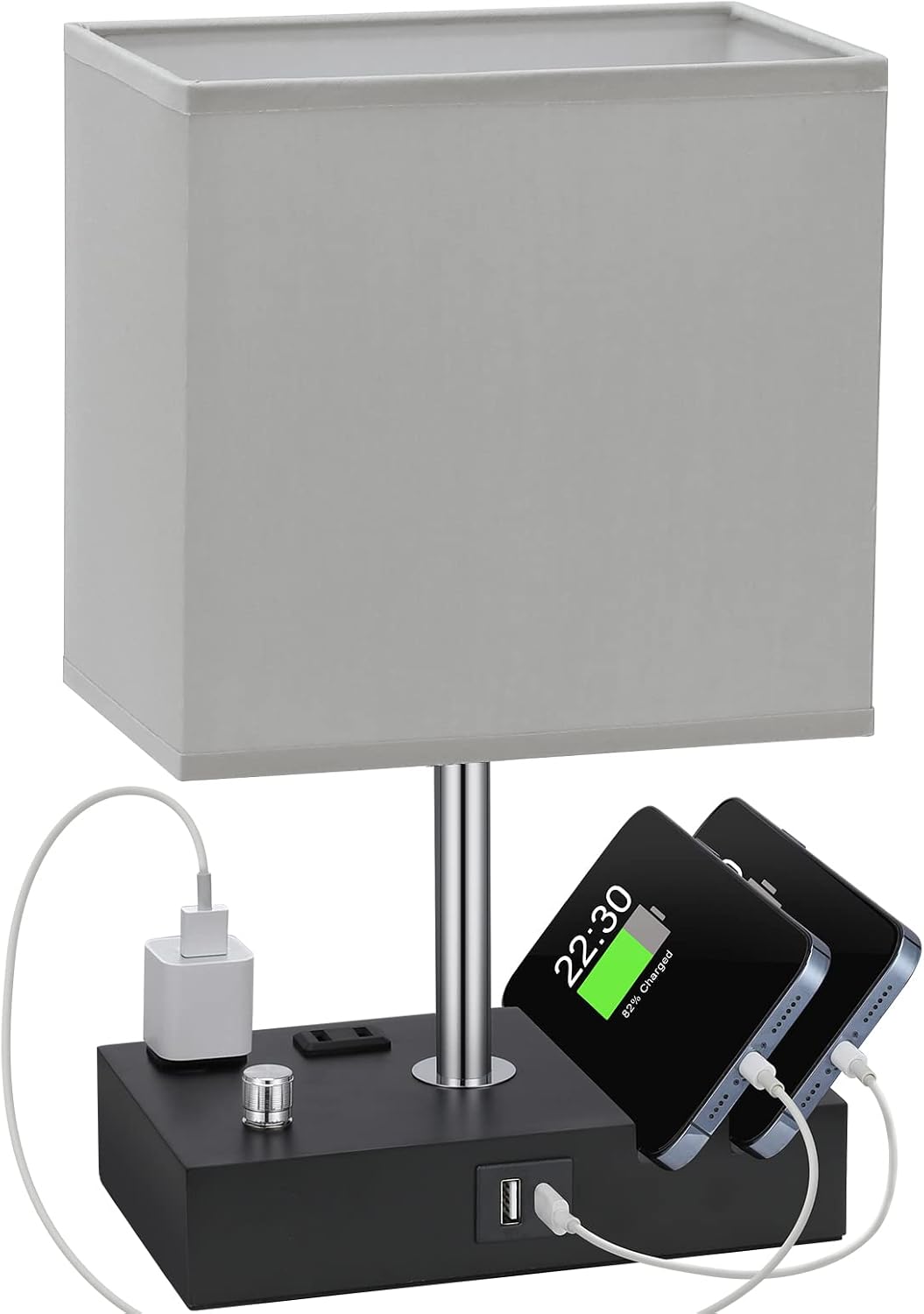 Kakanuo Fully Dimmable Nightstand Lamp for Bedroom with USB C Ports, Grey Small Bedside Table Lamp with Charging Outlets and Phone Stands, Wooden Desk Lamp for Living Room, LED Bulb Included
