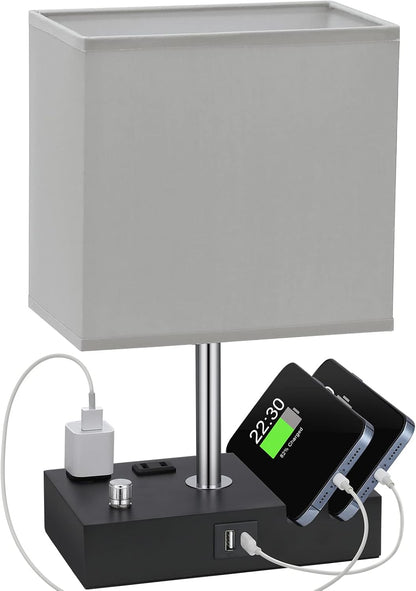 Kakanuo Fully Dimmable Nightstand Lamp for Bedroom with USB C Ports, Grey Small Bedside Table Lamp with Charging Outlets and Phone Stands, Wooden Desk Lamp for Living Room, LED Bulb Included