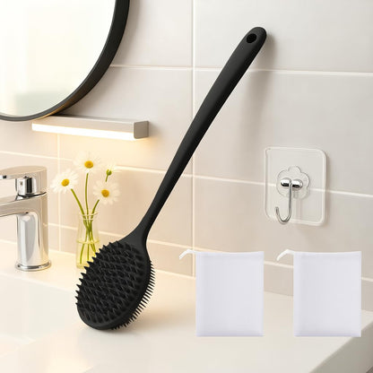 Silicone Body Scrubber for Shower Men Women – Dual-Sided Exfoliating & Massage Shower Brush with Long Handle, Creates Rich Lather, Includes 1 Hook & 2 Lather Balls (Black).