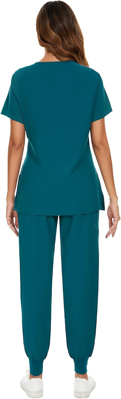 COZYFIT Scrubs for Women Set - Stretch V-Neck Scrub Top & Jogger Pant with 8 Pockets COZY SCRUBS - Colors E