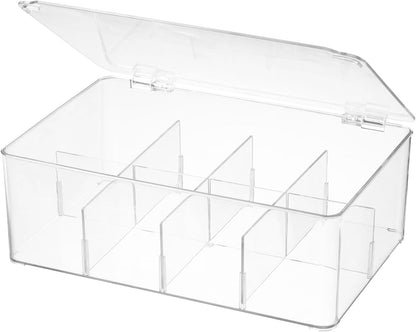 Divided Clear Plastic Organizer Bin with Hinge Lid, 8 Sections Tea Bag Storage Box for Kitchen, Snacks, Spice Packets,Pouches, Stackable Storage Bin