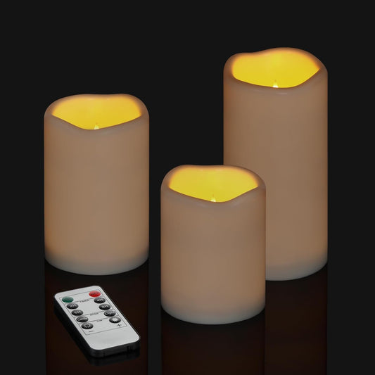 Flameless Candles 4" 5" 6" Set of 3 Outdoor Indoor Ivory Pillars Battery Operated Flickering Candles with Cozy Climbing Flame Effect, 8-Key Remote Timer, Plastic LED Candles for Wedding Decor