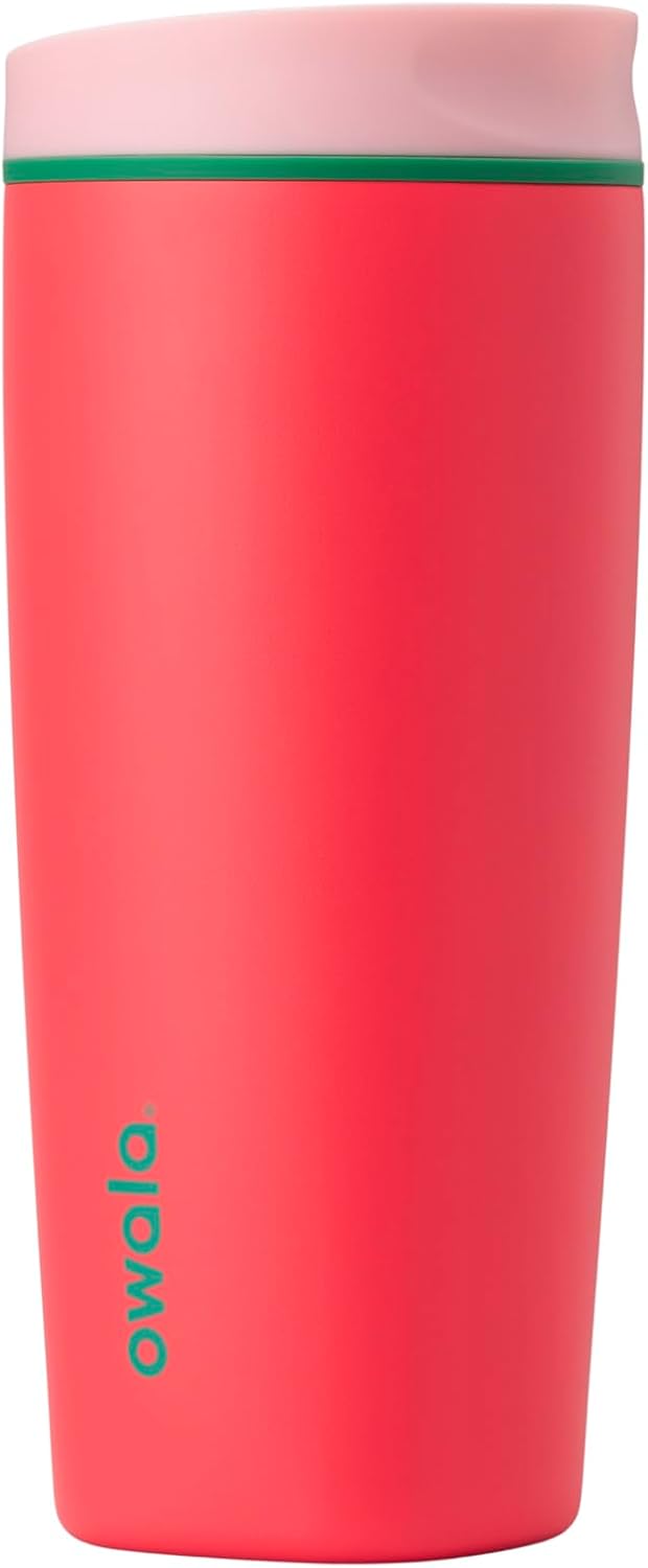 Owala SmoothSip Slider Insulated Stainless Steel Coffee Tumbler, Reusable Iced Coffee Cup, Hot Coffee Travel Mug, BPA Free 12 oz, Pink (Pucker Up)