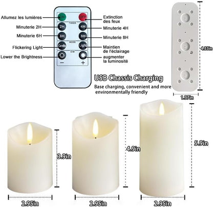 LEDHOLYT Rechargeable Flameless Glass Pillar Candles–Gifts for Women,–Set of 3, Realistic Flickering LED Flame,Remote & Timer, Ideal for Living Room, Bedroom & Halloween Festival Home Party Decor