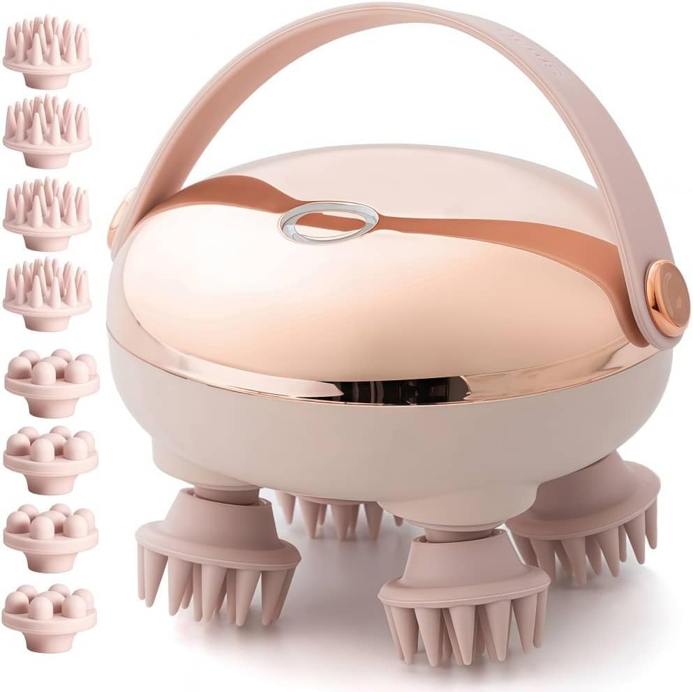 Electric Scalp Massager for Hair Growth, Red Light Therapy Head Massager Stress Relax, Waterproof Scalp Scrubber with Hand Strap, Handheld Rechargeable Scalp Massagers for Body & Dog Massager (Gold)