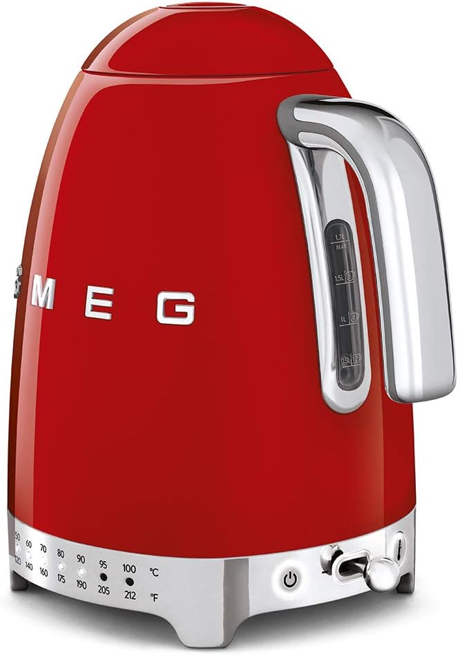 SMEG Variable Temperature Electric Kettle 1.7L (7 Cup), Stainless Steel Tea & Coffee Kettle, Fast Boil, Adjustable Temp 122°F–212°F, Keep Warm, Auto Shut-Off, 360° Base, Retro Style-Black