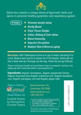 AyurBest Detox Herbal Tea USDA Certified Organic, Net Wt. 4 oz (114g), Loose Tea with Raw Dandelion, Echinacea & Tulsi for Healthy immune function