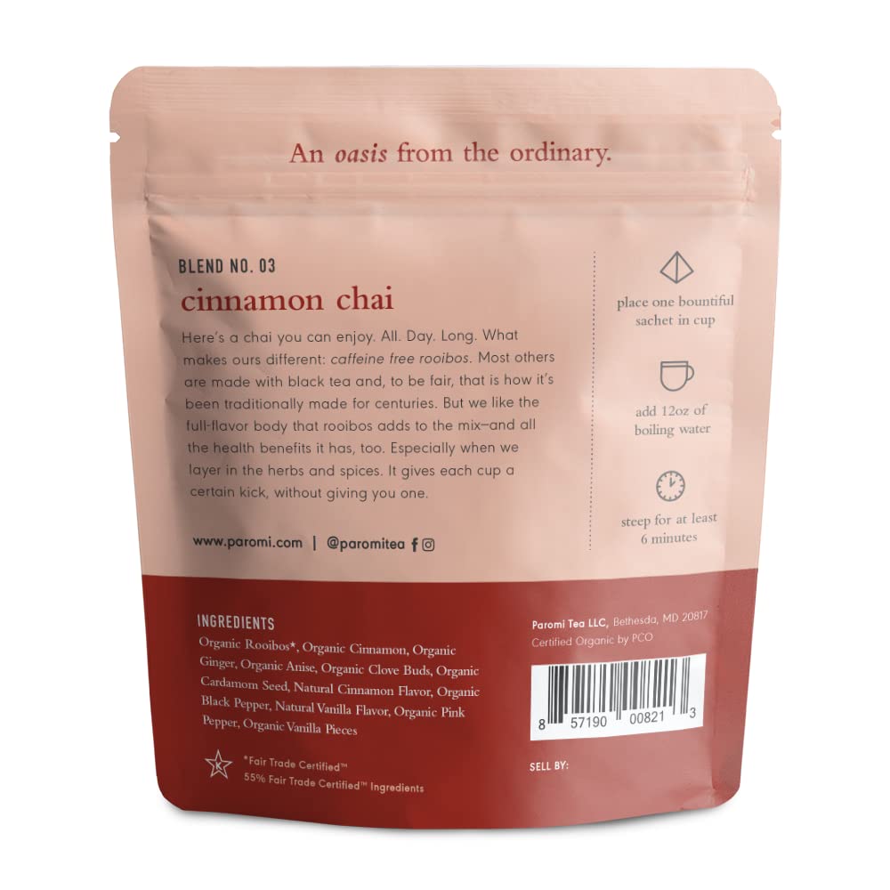 Paromi Organic Cinnamon Chai Rooibos Tea, 15 Full-Leaf Pyramid Sachets in a Resealable Pouch — Caffeine-Free Chai with Cinnamon, Ginger, Clove & Cardamom, Non-GMO